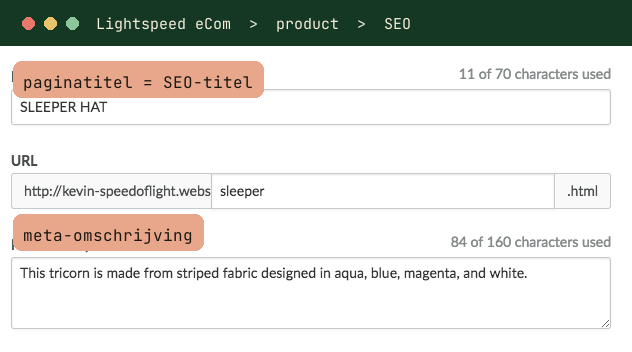 SEO-velden in de Lightspeed eCom productpagina: paginatitel en meta-omschrijving