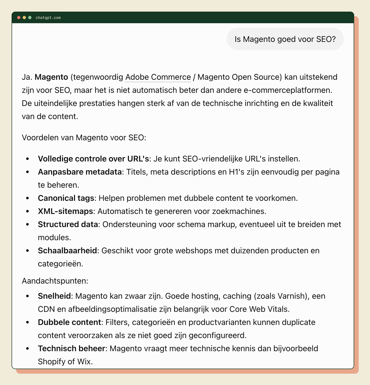 ChatGPT-antwoord op de vraag: is Magento goed voor SEO?