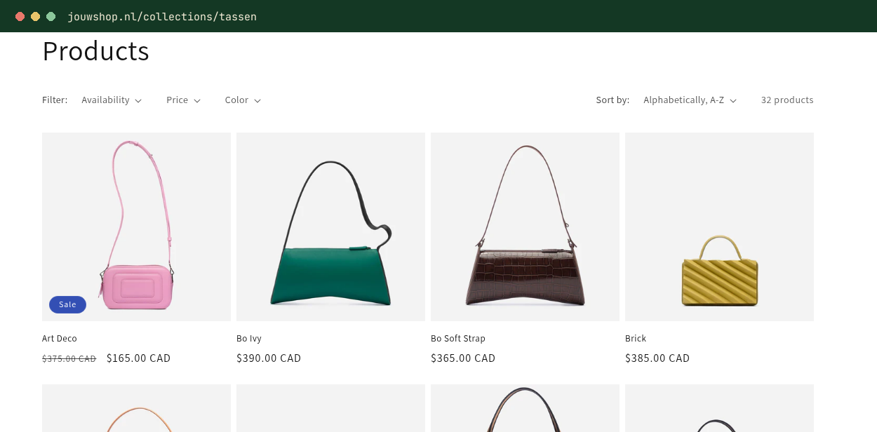 Filters (beschikbaarheid, prijs, kleur) op een Shopify-collectiepagina