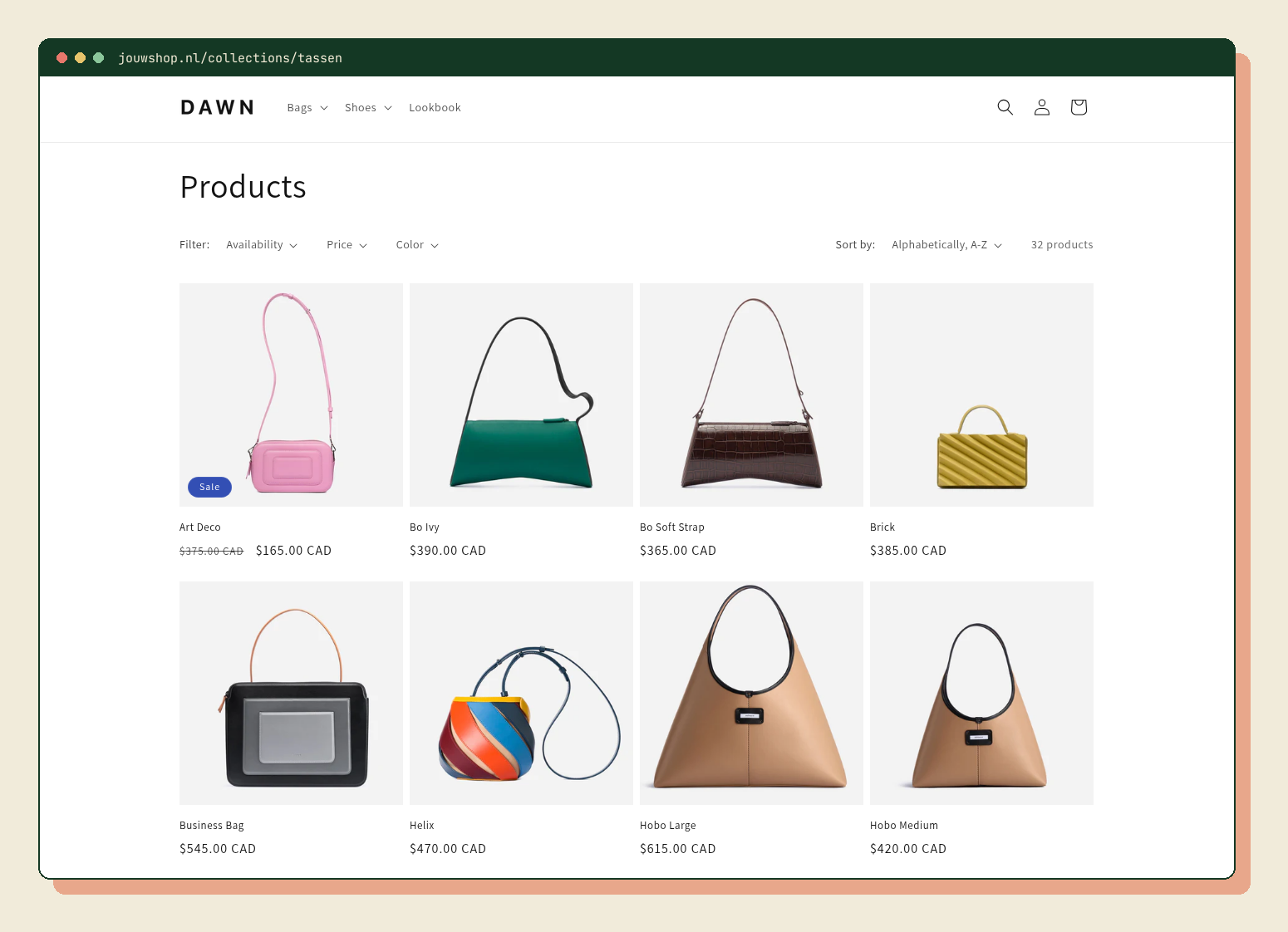 Shopify-collectiepagina met de URL /collections/ in de adresbalk