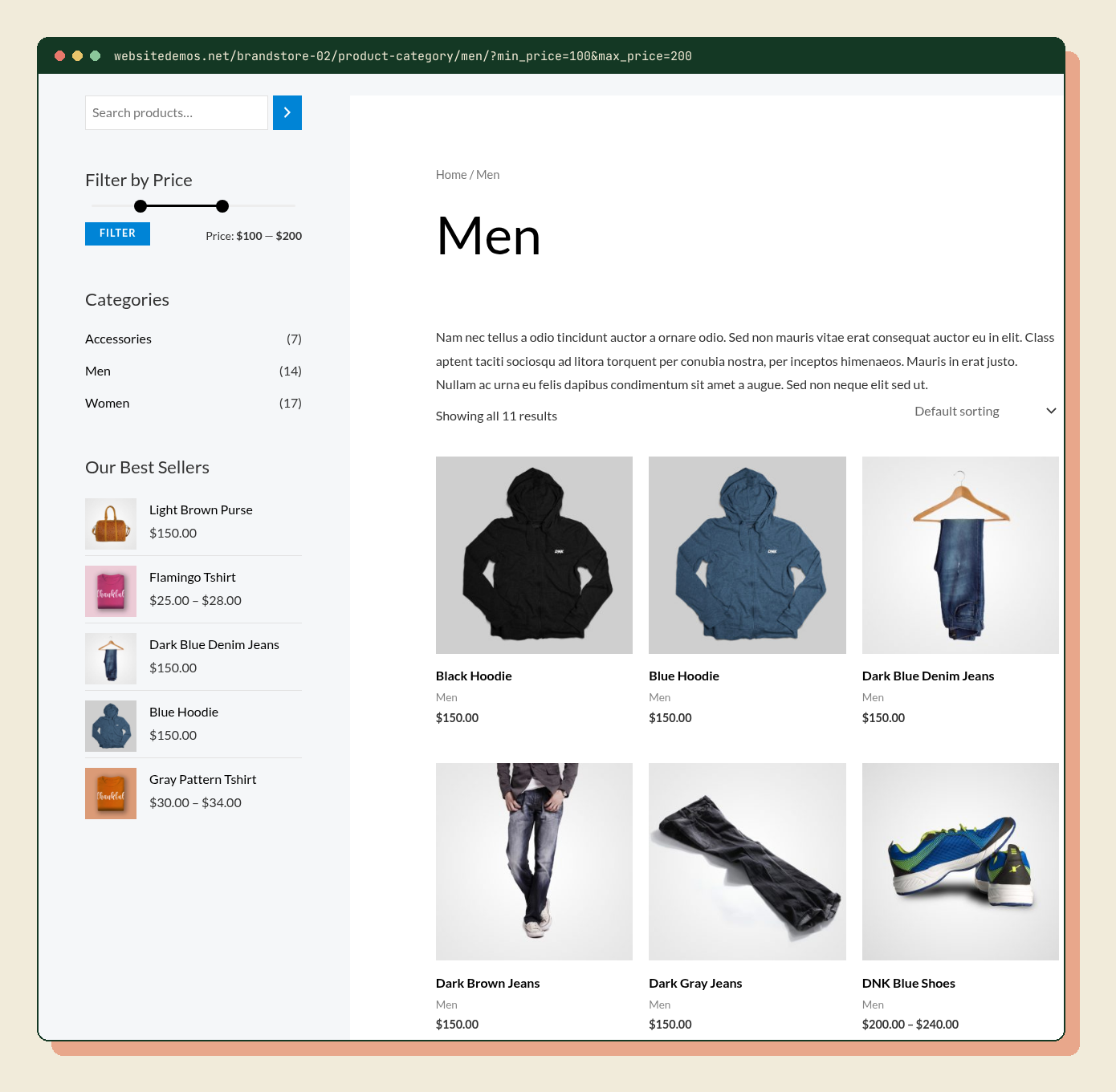 Prijsfilter op een WooCommerce-categoriepagina (demo); elke filterkeuze plakt een parameter aan de URL