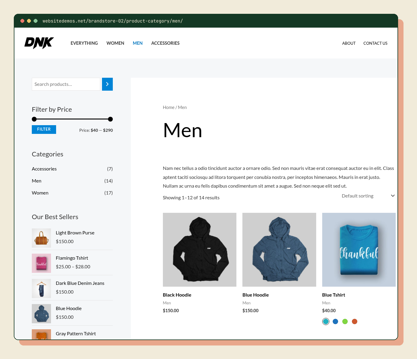 WooCommerce-webshop (demo) met een /product-category/-URL in de adresbalk