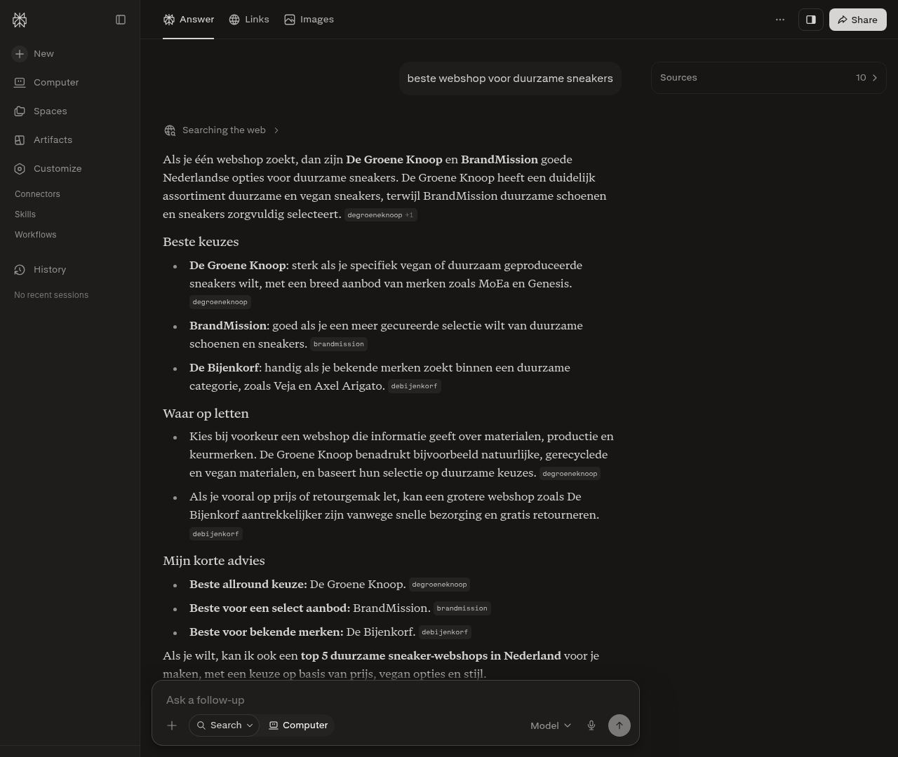 Screenshot van Perplexity: het antwoord op een Nederlandse webshopvraag noemt en citeert echte webshops